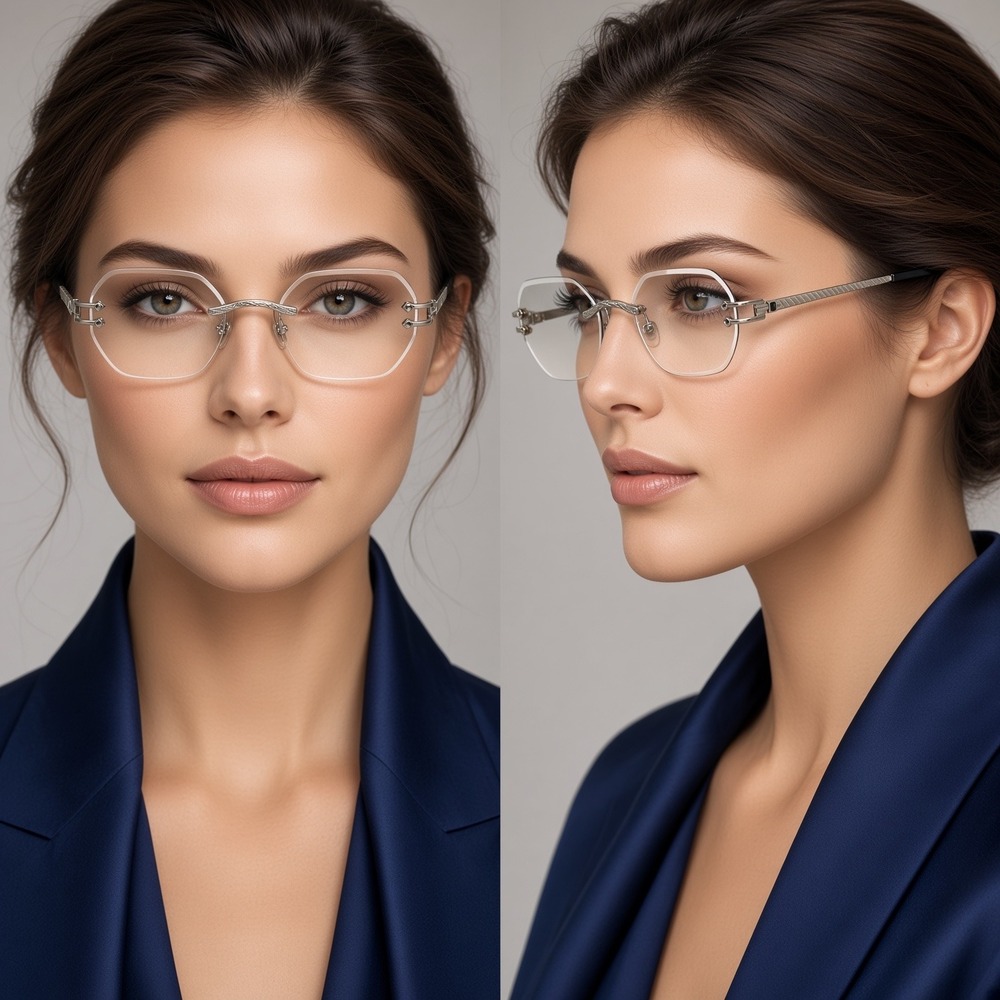 Silver Frameless Angular Eyewear Exhibits Women Eyewear Clear Lens Ombre Shaded